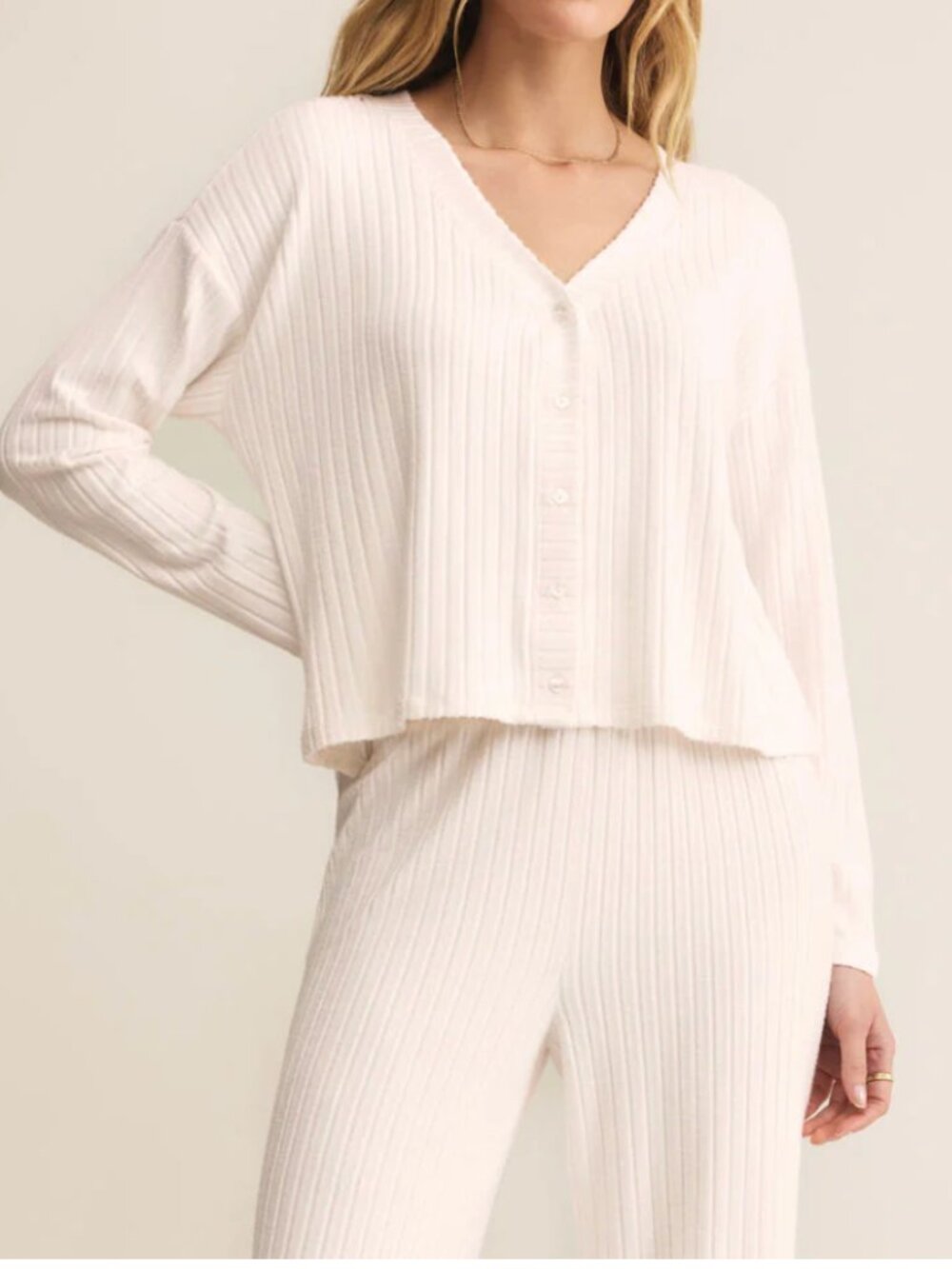 Z Supply Ribbed 3 Piece Lounge Set Ivory Cardigan Bralette Smocked Pants Size S